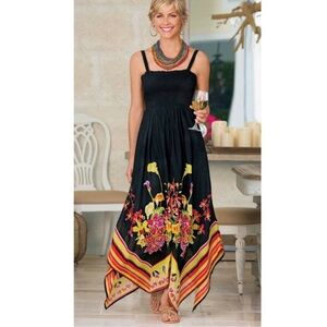 Soft Surroundings Maya Rivera Smocked Maxi Handkerchief Black Dress Beach Tropic